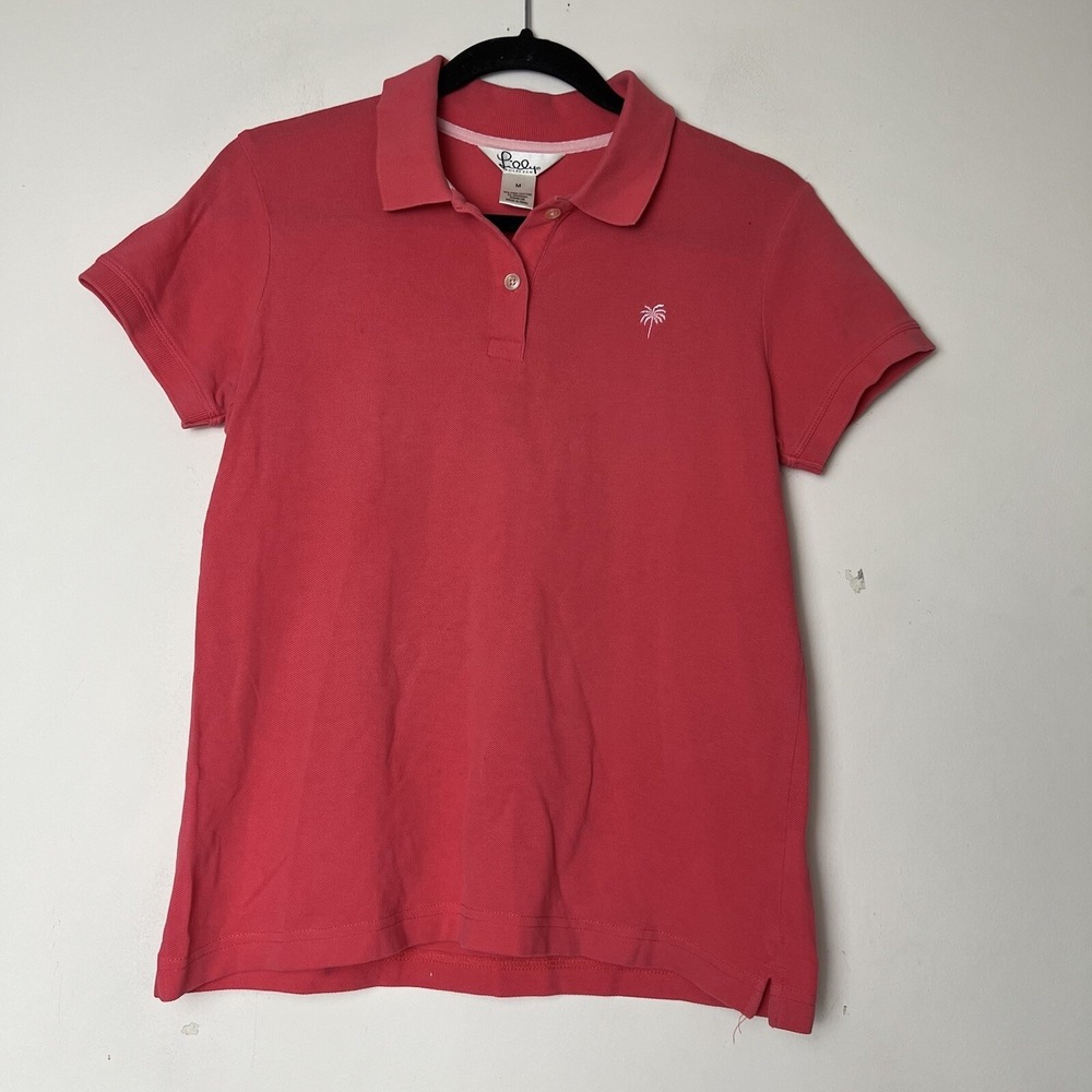 VTG Lilly Pulitzer Womens Polo Shirt Pink Coral Pima Cotton Palm Tree LogoM